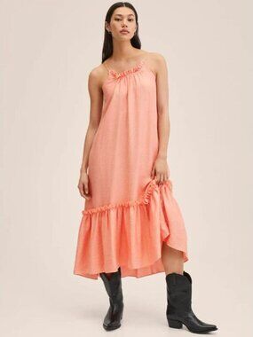 Mango Ruffle Tiered Maxi Dress Peach Pink Size 6